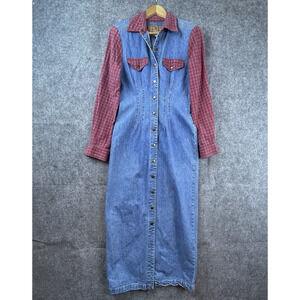 Vintage Express Dress 7 Small Denim Plaid Maxi Button Front Modest Country 90s